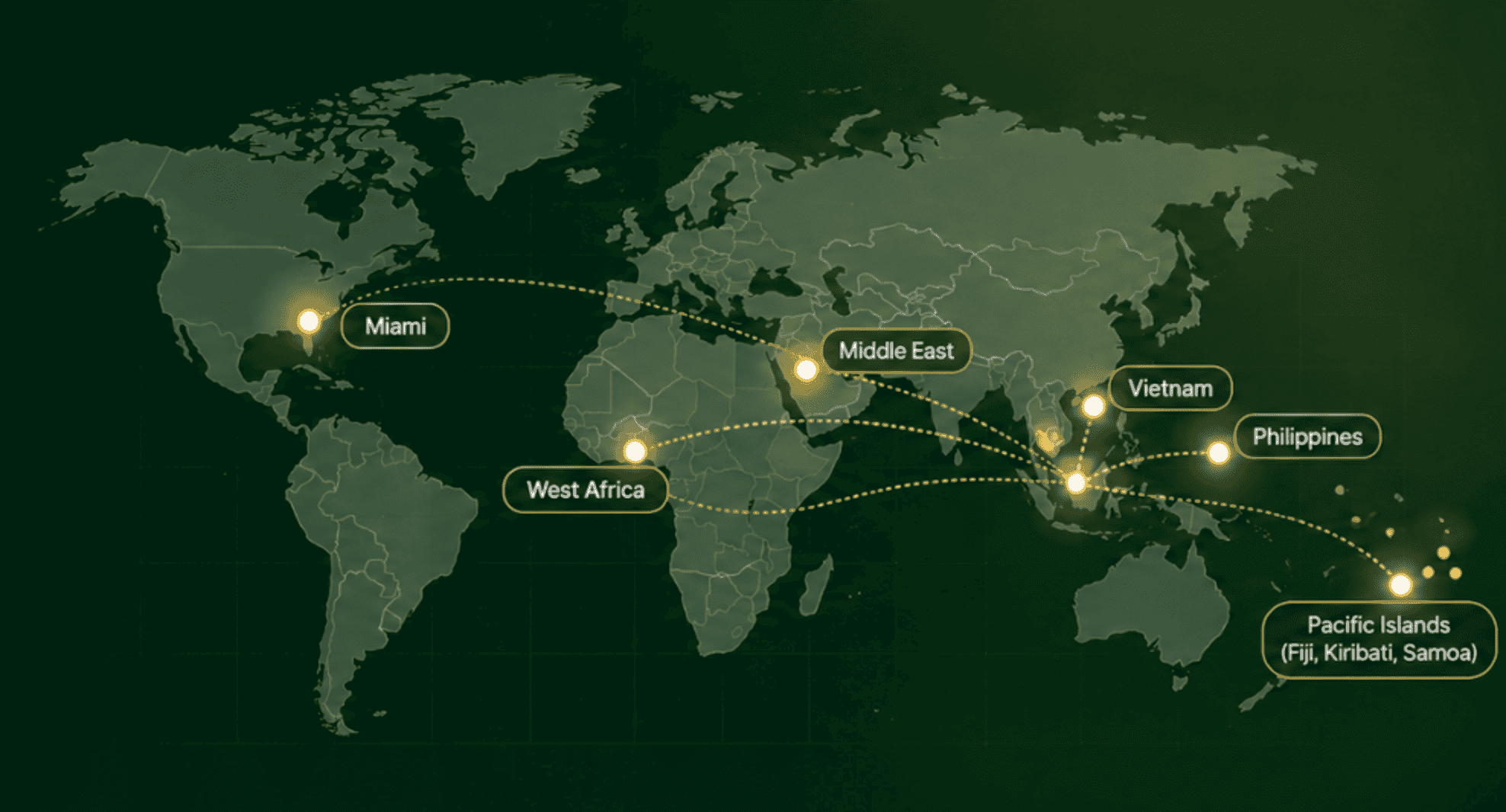 World map showing supply routes from Southeast Asia to Miami, the Middle East, West Africa, Vietnam, the Philippines and the Pacific Islands